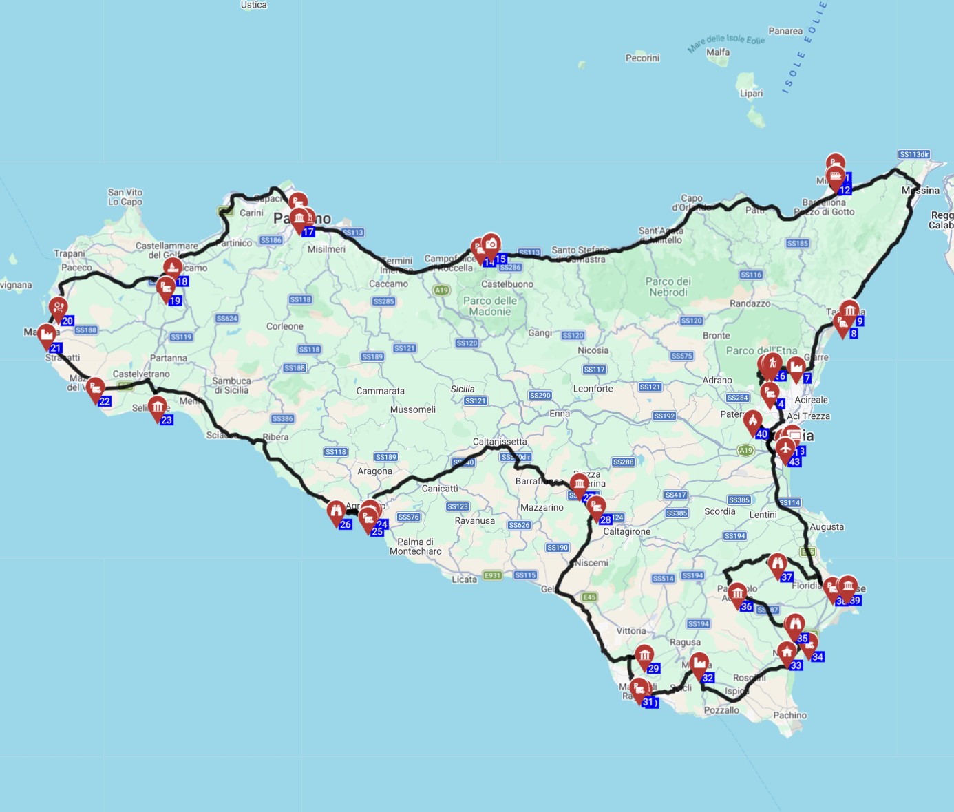 Map for טיול משפחתי באיטליה 15 ימים תכנון מסלול מקטניה לפלרמו וסירקוזה והשכרת קמפר
